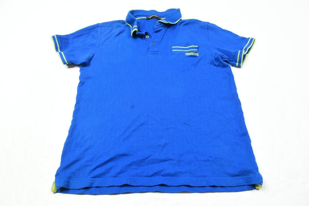 Roberto Cavalli Polo Shirt Mens Small Blue Short Sleeve Cotton Woven Slim Fit
